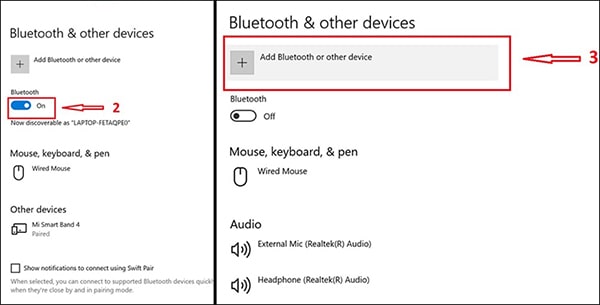 bật Bluetooth và click chuột chọn Add Bluetooth and other device