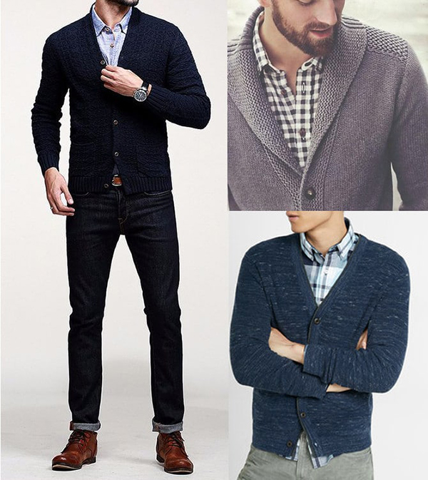 Cardigan tối màu kết hợp cùng sơ mi nam họa tiết