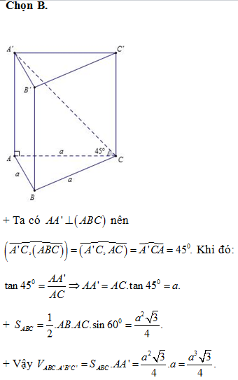 Cho abc là hình lăng trụ đều (abc có ab = a, aa a3 √ góc giữa đường thẳng ac và mặt phẳng (abc bằng))