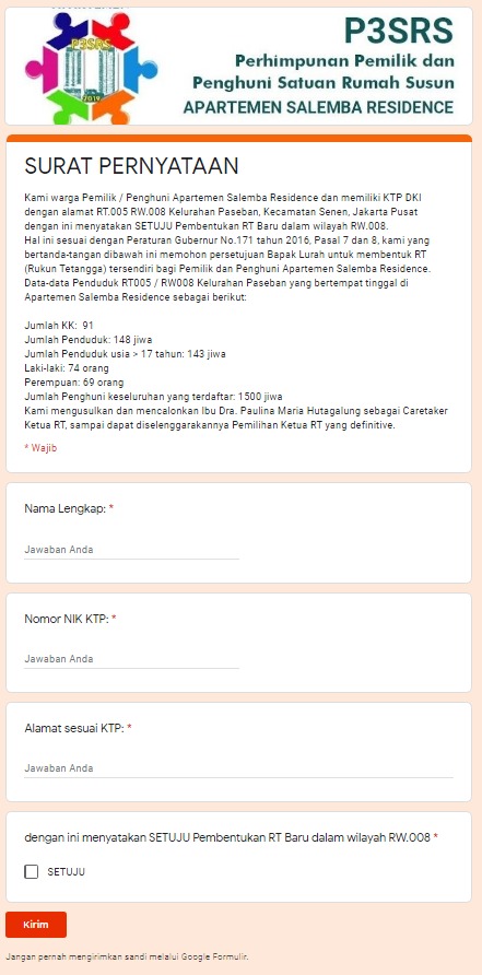 Contoh Surat pernyataan warga untuk pergantian Ketua RT