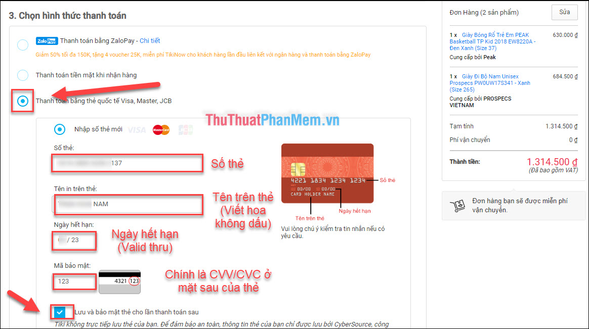 Chọn hình thức “Thanh toán bằng thẻ Visa, Mastercard, JCB”, cung cấp thông tin thẻ và CVV/ CVC của thẻ