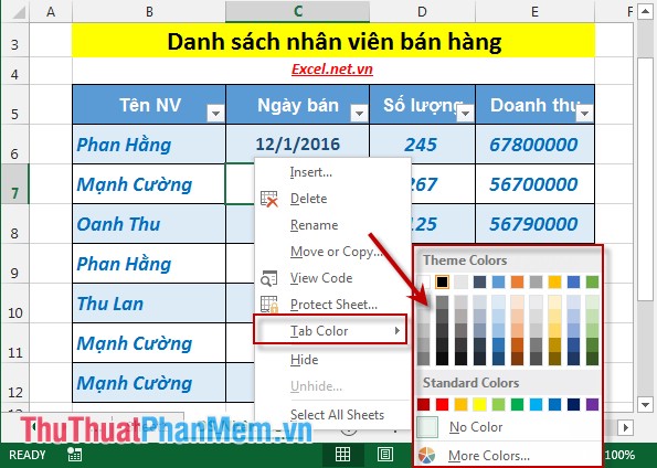 Dánh dấu mầu cho sheet trong excel