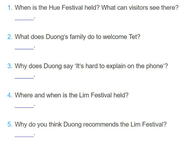 tieng-anh-lop-8-moi.unit-5.Getting-Started.1.-Listen-and-read.b. Read the conversation again and answer the questions