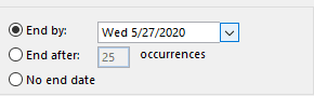 How do I set the recurrence options to use the default appointment recurrence in Outlook?