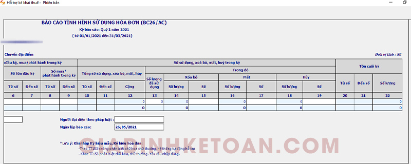mẫu Báo cáo tình hình sử dụng hóa đơn BC26/AC