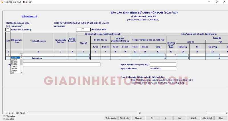 Báo cáo tình hình sử dụng hóa đơn BC26/AC