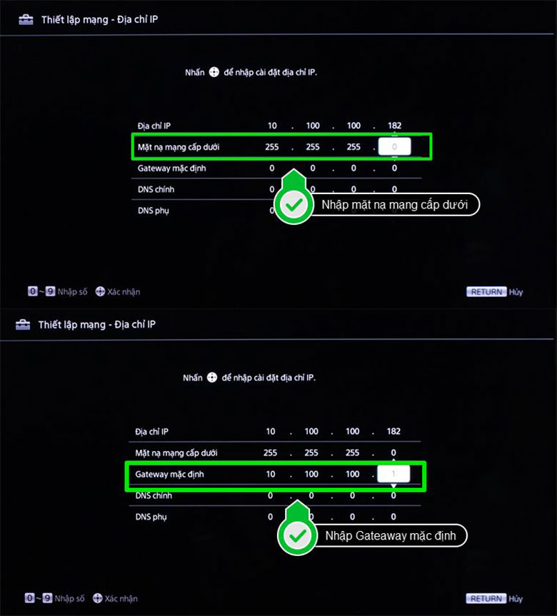Thay đổi địa chỉ IP "Mặt nạ mạng cấp dưới" và "Gateway mặc định" làm theo như trên hình