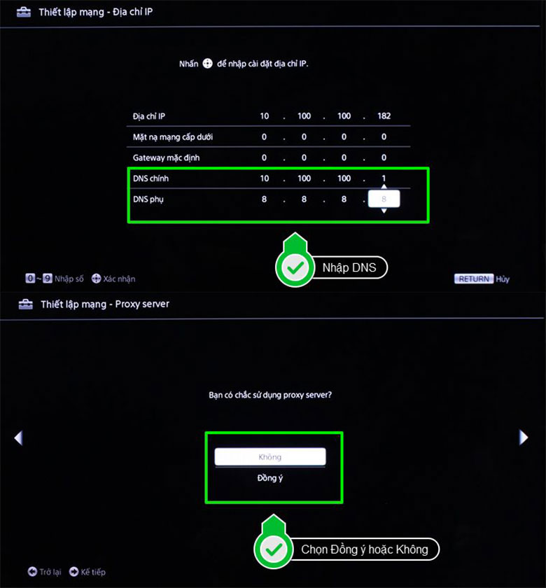 Tiếp tục nhập DNS chính và phụ, chọn đồng ý hay không trên máy chủ proxy