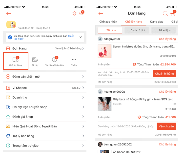 Mẫu đơn hàng Shopee