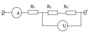  Cho mạch điện như hình vẽ. Ampe kế chỉ 2A, vôn kế chỉ 24V. Điện trở R2= R3 = 2R1(điện trở ampe kế rất nhỏ, điện trở vôn kế rất lớn). Giá trị của các điện trở lần lượt (ảnh 1)