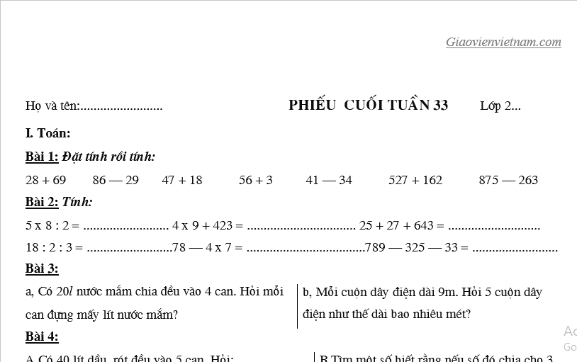 Phiếu bài tập cho học sinh lớp 2