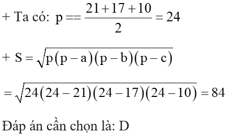 Tam giác abc có bc=21 ca=17 ab=10 tính diện tích