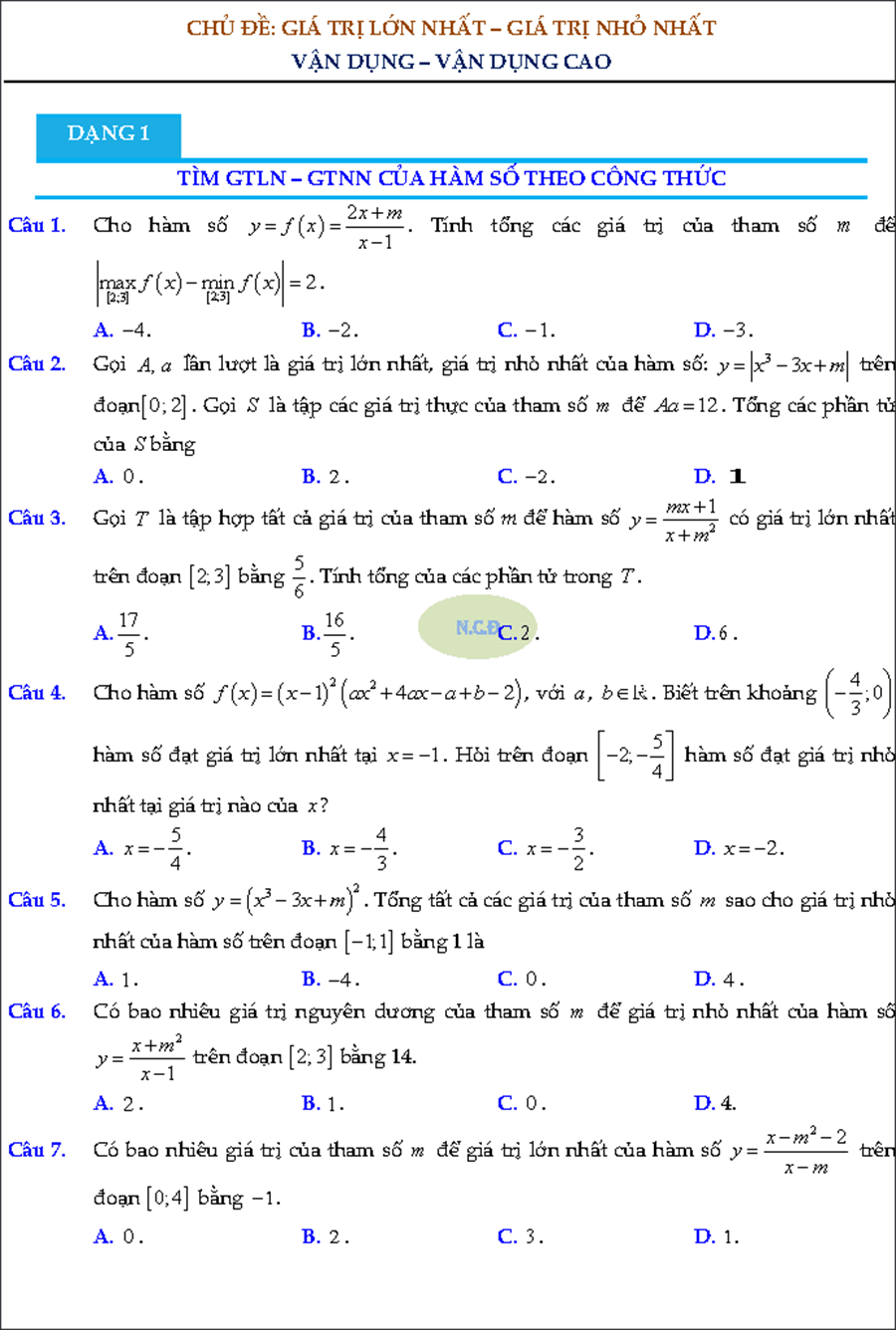 Bài tập vận dụng cao GTLN GTNN của hàm số 1